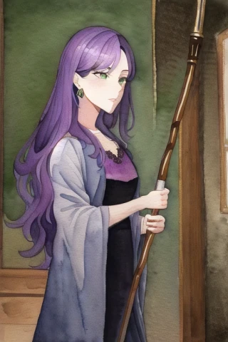 длинные волосы, серьги, посох, акварель, худой, женщина среднего возраста, Шедевр, ночь, Ведьма